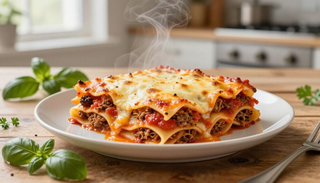 A beautifully arranged plate of lasagne sits on a rustic wooden table, steam gently rising from its golden, bubbling cheese topping. The layers of pasta are perfectly set, revealing rich, savory fillings of meat, béchamel, and vibrant tomato sauce. Surrounding the lasagne are fresh herbs, such as basil and parsley, adding a pop of color. In the background, a softly blurred kitchen setting evokes a warm, inviting atmosphere, with natural light filtering in through a nearby window. The focus is on the lasagne, captured from a slightly elevated angle to emphasize its tempting layers and inviting aroma. The mood conveys comfort and homely indulgence, inviting viewers to appreciate the essence of a well-prepared dish that deserves its resting time after baking. A beautifully arranged plate of lasagne sits on a rustic wooden table, steam gently rising from its golden, bubbling cheese topping. The layers of pasta are perfectly set, revealing rich, savory fillings of meat, béchamel, and vibrant tomato sauce. Surrounding the lasagne are fresh herbs, such as basil and parsley, adding a pop of color. In the background, a softly blurred kitchen setting evokes a warm, inviting atmosphere, with natural light filtering in through a nearby window. The focus is on the lasagne, captured from a slightly elevated angle to emphasize its tempting layers and inviting aroma. The mood conveys comfort and homely indulgence, inviting viewers to appreciate the essence of a well-prepared dish that deserves its resting time after baking.