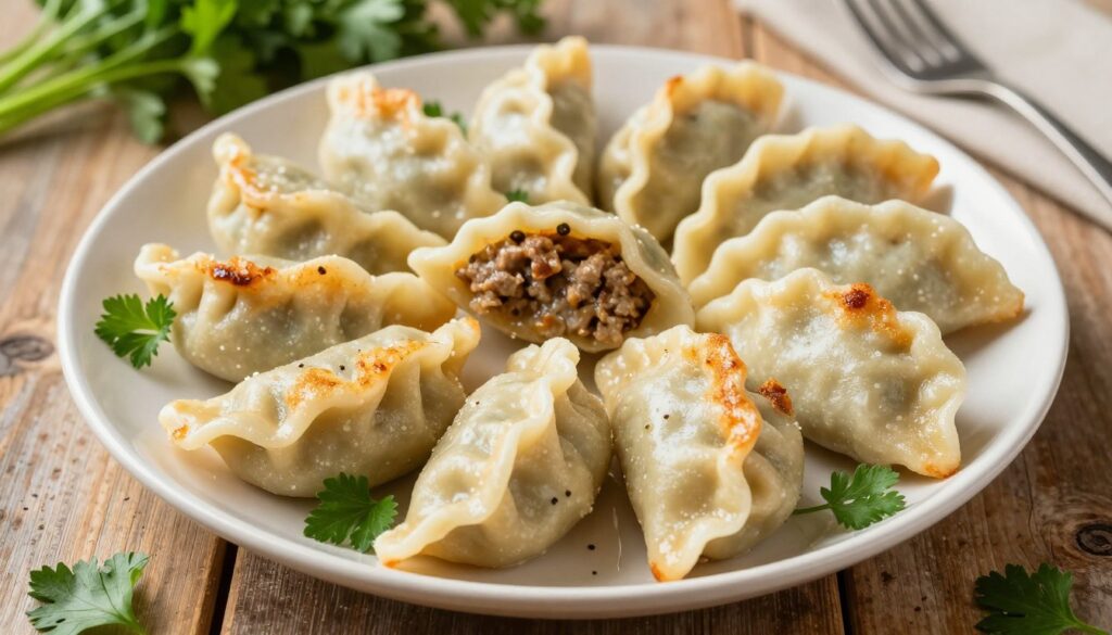 A beautifully arranged plate of pierogi filled with savory meat, showcasing a golden-brown, lightly crispy exterior. In the foreground, the pierogi are neatly shaped with visible crimping edges, emphasizing the craftsmanship of hand-formed dumplings. The filling is slightly oozing, hinting at a juicy and well-seasoned mixture. Surrounding the pierogi are sprigs of fresh herbs, like parsley, adding a pop of vibrant green. In the background, a rustic wooden table enhances the cozy, homestyle cooking atmosphere, with soft, natural lighting illuminating the scene, casting gentle shadows. The image is captured from a top-down angle, providing a clear view of the plate while creating a warm and inviting mood. A beautifully arranged plate of pierogi filled with savory meat, showcasing a golden-brown, lightly crispy exterior. In the foreground, the pierogi are neatly shaped with visible crimping edges, emphasizing the craftsmanship of hand-formed dumplings. The filling is slightly oozing, hinting at a juicy and well-seasoned mixture. Surrounding the pierogi are sprigs of fresh herbs, like parsley, adding a pop of vibrant green. In the background, a rustic wooden table enhances the cozy, homestyle cooking atmosphere, with soft, natural lighting illuminating the scene, casting gentle shadows. The image is captured from a top-down angle, providing a clear view of the plate while creating a warm and inviting mood.