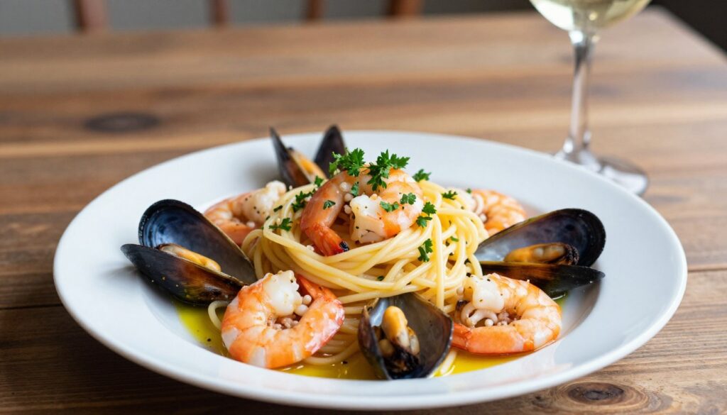 A beautifully arranged plate of seafood pasta, showcasing a generous serving of spaghetti intertwined with an assortment of fresh seafood, including succulent shrimp, tender calamari, and sweet mussels. The dish is garnished with a sprinkle of vibrant parsley and a drizzle of olive oil, enhancing its appeal. In the background, a rustic wooden table complements the setting, while soft, natural lighting highlights the textures of the pasta and seafood. The scene conveys a warm, inviting atmosphere, evoking a sense of Italian dining. A glass of white wine, elegantly placed beside the plate, adds to the culinary experience. The image should focus on the delicious colors and fresh ingredients, with a shallow depth of field to subtly blur the background while keeping the plate in sharp focus.