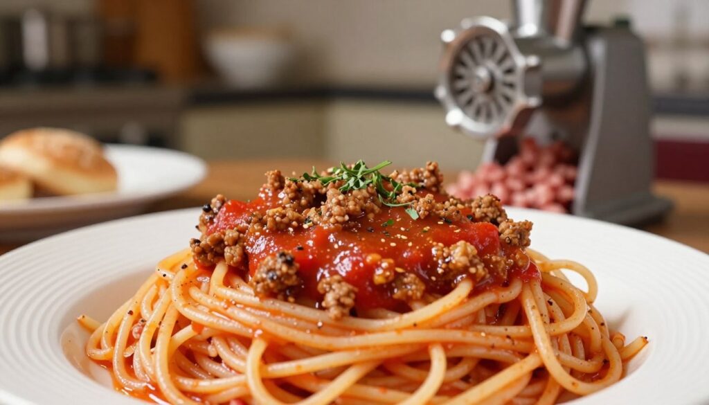 A beautifully arranged plate of spaghetti topped with rich, vibrant tomato sauce and finely ground meat, showing the texture and color contrast clearly. In the foreground, the spaghetti is twirled elegantly, while the meat sauce is generously heaped on top, glistening with herbs and spices. In the middle, a close-up view captures the minced meat, showcasing its freshness and preparation techniques, perhaps with a meat grinder visible in the background. The background is softly blurred, suggesting a cozy Italian kitchen with warm, inviting ambient lighting, highlighting the deliciousness of the dish. The overall atmosphere is inviting and appetizing, aiming to evoke a sense of culinary delight and tradition.