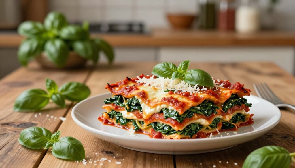A beautifully arranged plate of spinach lasagna, featuring layers of vibrant green spinach, creamy ricotta, and rich tomato sauce. Set in the foreground is the lasagna, cut into generous squares, showcasing its colorful layers. Surrounding it are fresh basil leaves and a sprinkle of grated Parmesan cheese, adding a pop of color and texture. In the middle ground, a rustic wooden table offers a warm, inviting feel, with a soft, diffused natural lighting enhancing the richness of the ingredients. The background is softly blurred, hinting at a cozy Italian kitchen atmosphere with warm tones and wooden shelves lined with herbs and spices. The overall mood is comforting and appetizing, evoking the essence of homemade Italian cuisine. A beautifully arranged plate of spinach lasagna, featuring layers of vibrant green spinach, creamy ricotta, and rich tomato sauce. Set in the foreground is the lasagna, cut into generous squares, showcasing its colorful layers. Surrounding it are fresh basil leaves and a sprinkle of grated Parmesan cheese, adding a pop of color and texture. In the middle ground, a rustic wooden table offers a warm, inviting feel, with a soft, diffused natural lighting enhancing the richness of the ingredients. The background is softly blurred, hinting at a cozy Italian kitchen atmosphere with warm tones and wooden shelves lined with herbs and spices. The overall mood is comforting and appetizing, evoking the essence of homemade Italian cuisine.