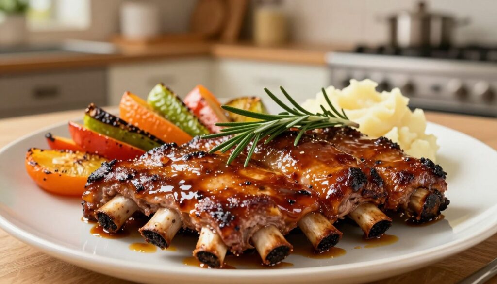 A beautifully arranged plate of tender, caramelized oven-roasted ribs, glistening with a savory glaze, located prominently in the foreground. The ribs are garnished with fresh rosemary and served alongside colorful side dishes, including roasted vegetables and creamy mashed potatoes. In the background, a cozy kitchen ambiance is created with warm, soft lighting that highlights the delicious details of the meal. The image is captured from a slightly elevated angle, focusing on the succulent meat pulling away from the bone, evoking a sense of warmth and inviting comfort. The overall mood is mouth-watering and homey, perfect for showcasing a hearty meal. A beautifully arranged plate of tender, caramelized oven-roasted ribs, glistening with a savory glaze, located prominently in the foreground. The ribs are garnished with fresh rosemary and served alongside colorful side dishes, including roasted vegetables and creamy mashed potatoes. In the background, a cozy kitchen ambiance is created with warm, soft lighting that highlights the delicious details of the meal. The image is captured from a slightly elevated angle, focusing on the succulent meat pulling away from the bone, evoking a sense of warmth and inviting comfort. The overall mood is mouth-watering and homey, perfect for showcasing a hearty meal.