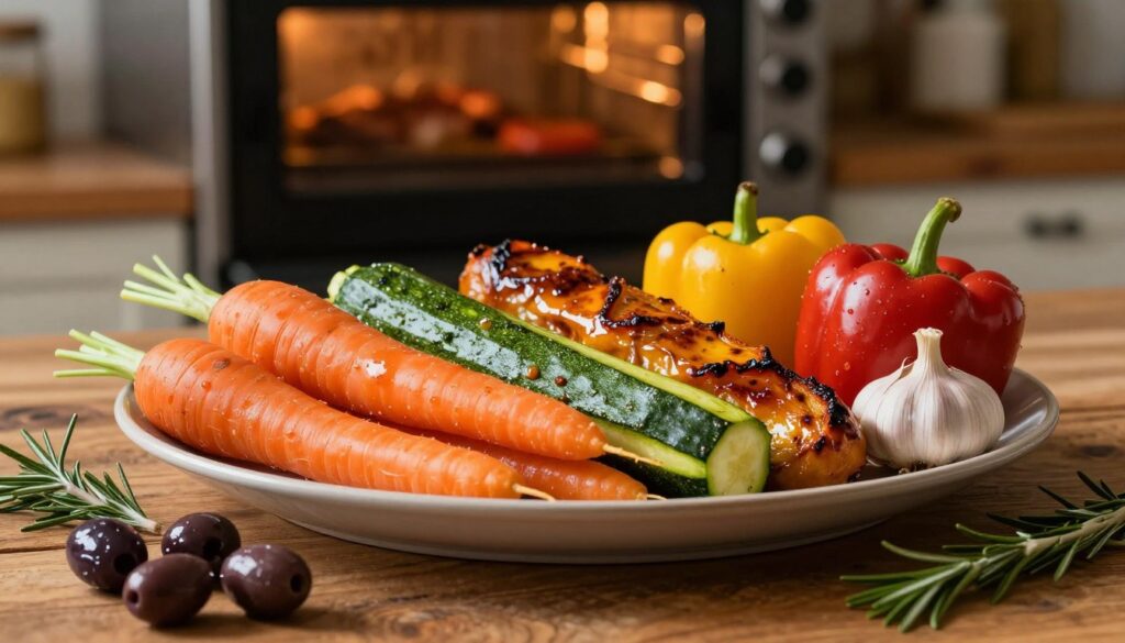A beautifully arranged platter of colorful, fresh vegetables, including vibrant carrots, zucchini, bell peppers, and garlic, set against a rustic wooden table. In the foreground, shiny, glistening olives and sprigs of rosemary add elegance. The middle layer features an assortment of vegetables partially roasted with a caramelized glaze, showcasing their rich colors and textures under soft, warm lighting. In the background, a blurred oven with glowing heat emanates, hinting at the roasting process. The ambiance evokes a cozy, inviting kitchen atmosphere, with gentle shadows playing across the scene, suggesting warmth and home-cooked comfort. This image captures the crucial role of vegetables in enhancing the flavor and texture of roasted meats, creating a mouthwatering visual appeal. A beautifully arranged platter of colorful, fresh vegetables, including vibrant carrots, zucchini, bell peppers, and garlic, set against a rustic wooden table. In the foreground, shiny, glistening olives and sprigs of rosemary add elegance. The middle layer features an assortment of vegetables partially roasted with a caramelized glaze, showcasing their rich colors and textures under soft, warm lighting. In the background, a blurred oven with glowing heat emanates, hinting at the roasting process. The ambiance evokes a cozy, inviting kitchen atmosphere, with gentle shadows playing across the scene, suggesting warmth and home-cooked comfort. This image captures the crucial role of vegetables in enhancing the flavor and texture of roasted meats, creating a mouthwatering visual appeal.