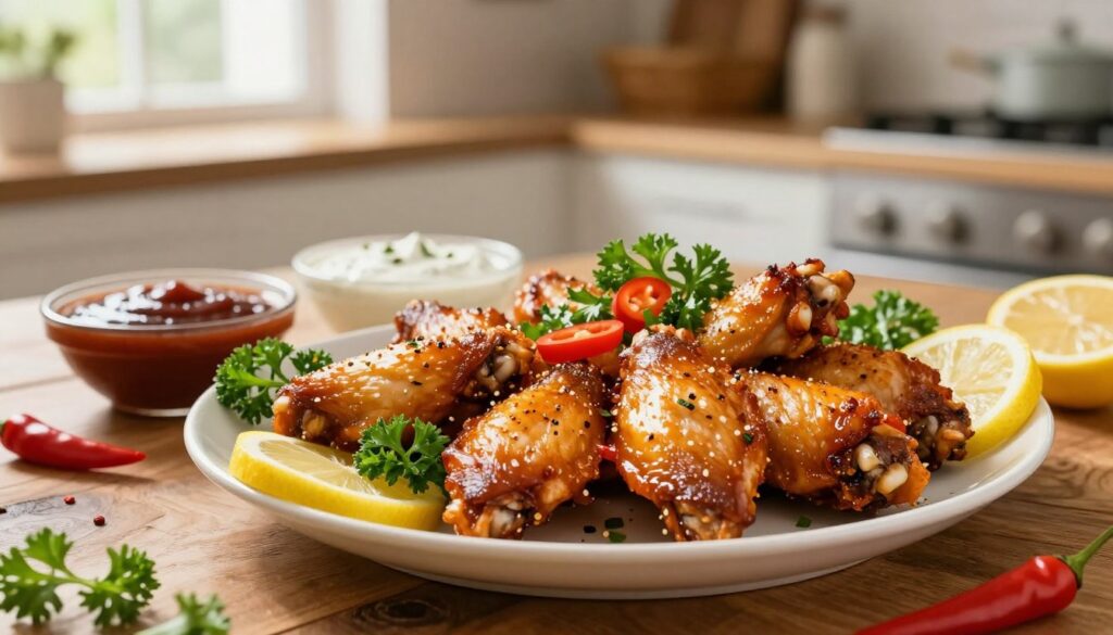 A beautifully arranged platter of oven-baked chicken wings, showcasing a variety of flavors and seasonings. In the foreground, focus on crispy, golden-brown wings, glistening with a tantalizing glaze. Surround the wings with vibrant, fresh garnishes like chopped parsley, slices of lemon, and colorful chili peppers for an inviting touch. In the middle ground, include a rustic wooden table setting with small bowls containing different dipping sauces, such as tangy barbecue and creamy ranch, adding depth to the scene. The background features a softly blurred kitchen environment, illuminated by warm, natural light filtering through a nearby window, creating a cozy and inviting atmosphere. The overall mood exudes warmth and culinary adventure, highlighting the theme of flavor experimentation.