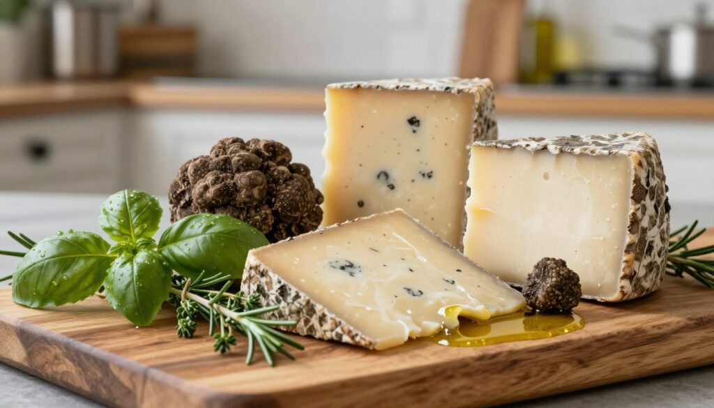A beautifully arranged platter showcasing a variety of truffle cheeses and fresh herbs. In the foreground, rich, creamy truffle cheeses in artisanal wedges, glistening under soft, diffused natural light. Beside them, vibrant green herbs like basil, thyme, and rosemary, their leaves dewy and fresh. In the middle ground, a rustic wooden board adds texture, while a delicate drizzle of olive oil catches the light, enhancing the gourmet feel. The background features a softly blurred kitchen setting, hinting at culinary tools and wooden shelves. The atmosphere is warm and inviting, evoking a sense of elegance and sophistication. The image should capture the essence of a fine dining experience, focusing on the luxurious combination of flavors that herbs and truffle cheeses provide. A beautifully arranged platter showcasing a variety of truffle cheeses and fresh herbs. In the foreground, rich, creamy truffle cheeses in artisanal wedges, glistening under soft, diffused natural light. Beside them, vibrant green herbs like basil, thyme, and rosemary, their leaves dewy and fresh. In the middle ground, a rustic wooden board adds texture, while a delicate drizzle of olive oil catches the light, enhancing the gourmet feel. The background features a softly blurred kitchen setting, hinting at culinary tools and wooden shelves. The atmosphere is warm and inviting, evoking a sense of elegance and sophistication. The image should capture the essence of a fine dining experience, focusing on the luxurious combination of flavors that herbs and truffle cheeses provide.