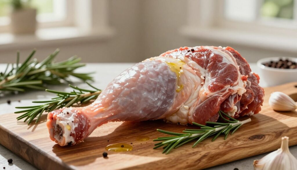 A beautifully arranged raw boneless turkey leg displayed on a rustic wooden cutting board, showcasing the rich, marbled texture of the meat. The foreground captures the glistening surface of the turkey, with fresh rosemary and garlic cloves scattered around for added aroma. In the middle, a light sheen of olive oil glistens on the meat, hinting at its tenderness. The background features softly blurred herbs and spices, creating a warm kitchen atmosphere with natural light streaming in from a nearby window, casting gentle shadows. The focus is sharp on the turkey leg, inviting and ready to be seasoned. The overall mood is warm and inviting, perfect for a culinary delight. A beautifully arranged raw boneless turkey leg displayed on a rustic wooden cutting board, showcasing the rich, marbled texture of the meat. The foreground captures the glistening surface of the turkey, with fresh rosemary and garlic cloves scattered around for added aroma. In the middle, a light sheen of olive oil glistens on the meat, hinting at its tenderness. The background features softly blurred herbs and spices, creating a warm kitchen atmosphere with natural light streaming in from a nearby window, casting gentle shadows. The focus is sharp on the turkey leg, inviting and ready to be seasoned. The overall mood is warm and inviting, perfect for a culinary delight.
