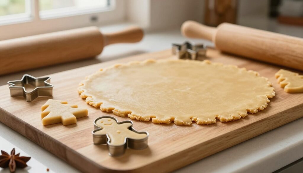 A beautifully arranged scene depicting the technique of clean cutting in cookie making. In the foreground, an elegant wooden cutting board is laid with several shaped cookie cutters, prominently featuring traditional Christmas shapes like stars, Christmas trees, and gingerbread men. The middle ground reveals freshly rolled gingerbread dough, smooth and expertly flattened, with precise, clean edges where cutters have been pressed. In the background, a softly lit kitchen setting includes warm, natural light filtering through a window, illuminating the baking tools and spices. The atmosphere is cozy and inviting, evoking the spirit of festive baking. The focus is sharp on the foreground elements, while the background has a soft blur, creating depth and enhancing the overall warm and cheerful vibe of holiday baking. A beautifully arranged scene depicting the technique of clean cutting in cookie making. In the foreground, an elegant wooden cutting board is laid with several shaped cookie cutters, prominently featuring traditional Christmas shapes like stars, Christmas trees, and gingerbread men. The middle ground reveals freshly rolled gingerbread dough, smooth and expertly flattened, with precise, clean edges where cutters have been pressed. In the background, a softly lit kitchen setting includes warm, natural light filtering through a window, illuminating the baking tools and spices. The atmosphere is cozy and inviting, evoking the spirit of festive baking. The focus is sharp on the foreground elements, while the background has a soft blur, creating depth and enhancing the overall warm and cheerful vibe of holiday baking.