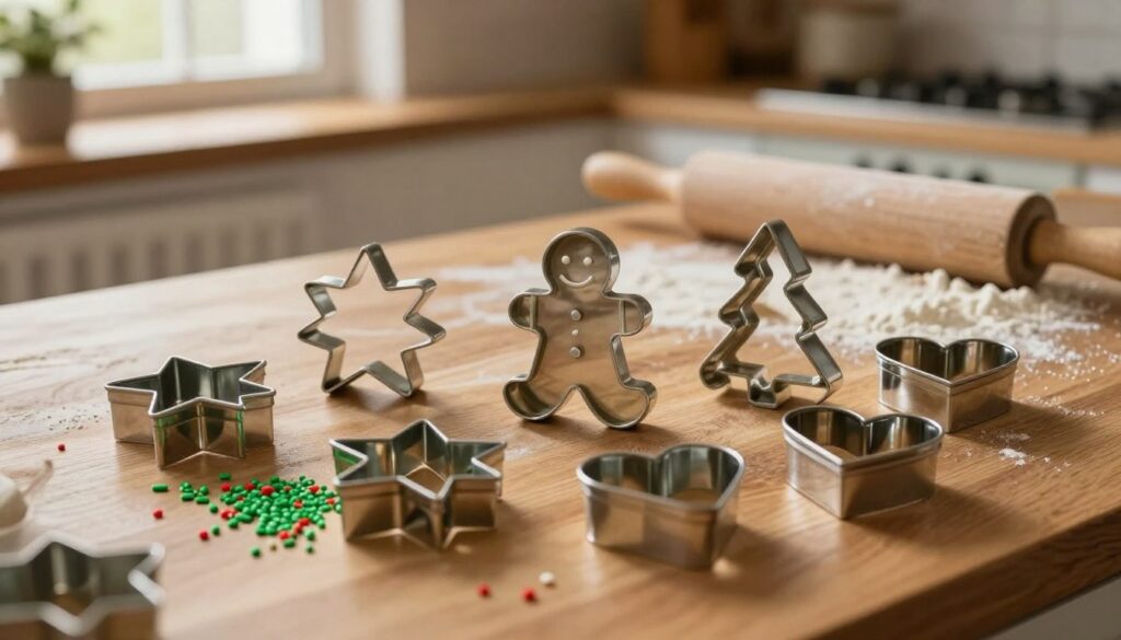 A beautifully arranged scene featuring a collection of festive cookie cutters, also known as "foremki ciasteczek," in various charming shapes like stars, gingerbread men, trees, and hearts. In the foreground, lush green and red sprinkles are scattered around the cutters, enhancing the holiday spirit. The middle ground showcases a polished wooden countertop with a rolling pin and flour dust, indicating preparation for baking. In the background, soft, warm lighting radiates from a quaint kitchen window, casting gentle shadows that create a cozy atmosphere. A focused depth of field captures the intricate details of the cookie cutters, making them the centerpiece while softly blurring the less important elements. The overall mood is inviting, perfect for inspiring festive baking creativity. A beautifully arranged scene featuring a collection of festive cookie cutters, also known as "foremki ciasteczek," in various charming shapes like stars, gingerbread men, trees, and hearts. In the foreground, lush green and red sprinkles are scattered around the cutters, enhancing the holiday spirit. The middle ground showcases a polished wooden countertop with a rolling pin and flour dust, indicating preparation for baking. In the background, soft, warm lighting radiates from a quaint kitchen window, casting gentle shadows that create a cozy atmosphere. A focused depth of field captures the intricate details of the cookie cutters, making them the centerpiece while softly blurring the less important elements. The overall mood is inviting, perfect for inspiring festive baking creativity.