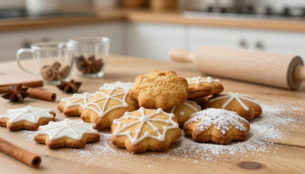 A beautifully arranged scene featuring a variety of freshly baked "pierniczki" (gingerbread cookies) in the foreground, showcasing their soft, plump texture and rich, golden-brown hues. Some cookies are intricately decorated with white icing, while others are dusted with powdered sugar, enhancing their inviting appearance. In the middle ground, a rustic wooden table adorned with measuring cups, spices such as cinnamon and nutmeg, and a rolling pin emphasizes the baking process. The background features a softly blurred kitchen setting with warm lighting, creating a cozy atmosphere. The overall mood is warm and inviting, perfect for a festive occasion. The image should have a natural, soft focus, resembling a lifestyle photography style, capturing the essence of homemade treats and the joy of baking. A beautifully arranged scene featuring a variety of freshly baked "pierniczki" (gingerbread cookies) in the foreground, showcasing their soft, plump texture and rich, golden-brown hues. Some cookies are intricately decorated with white icing, while others are dusted with powdered sugar, enhancing their inviting appearance. In the middle ground, a rustic wooden table adorned with measuring cups, spices such as cinnamon and nutmeg, and a rolling pin emphasizes the baking process. The background features a softly blurred kitchen setting with warm lighting, creating a cozy atmosphere. The overall mood is warm and inviting, perfect for a festive occasion. The image should have a natural, soft focus, resembling a lifestyle photography style, capturing the essence of homemade treats and the joy of baking.