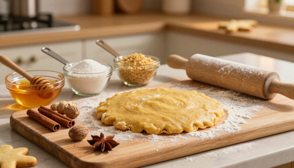 A beautifully arranged scene featuring an aromatic dough for gingerbread cookies, highlighting essential ingredients. In the foreground, there’s a wooden cutting board with piles of fragrant spices like cinnamon, ginger, and nutmeg, along with a bowl of honey and a rolling pin dusted with flour. In the middle, a bowl of rich, golden dough sits, surrounded by measuring cups filled with sugar and molasses. The background showcases a warm, inviting kitchen with soft, golden lighting that emphasizes the cozy, festive atmosphere. A few baked gingerbread cookies in festive shapes are subtly placed to hint at the final product, while soft shadows dance across the scene, creating a comfortable and warm feeling perfect for the holiday season. A beautifully arranged scene featuring an aromatic dough for gingerbread cookies, highlighting essential ingredients. In the foreground, there’s a wooden cutting board with piles of fragrant spices like cinnamon, ginger, and nutmeg, along with a bowl of honey and a rolling pin dusted with flour. In the middle, a bowl of rich, golden dough sits, surrounded by measuring cups filled with sugar and molasses. The background showcases a warm, inviting kitchen with soft, golden lighting that emphasizes the cozy, festive atmosphere. A few baked gingerbread cookies in festive shapes are subtly placed to hint at the final product, while soft shadows dance across the scene, creating a comfortable and warm feeling perfect for the holiday season.