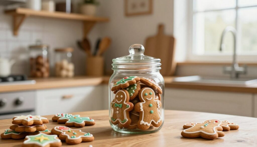 A beautifully arranged scene featuring gingerbread cookies being stored to retain their aroma and freshness. In the foreground, focus on a glass jar filled with intricately decorated gingerbread cookies, some partially stacked, showcasing their vibrant colors and detailed icing. In the middle, arrange a cozy kitchen setting with wooden shelves lined with additional jars and baking tools, creating a sense of warmth and tradition. The background features soft, natural lighting coming from a window, casting gentle shadows that enhance the textures of the cookies and wooden furniture. The mood is nostalgic and inviting, evoking the essence of holiday baking and the joy of preserving flavors. The composition has a shallow depth of field to emphasize the gingerbread cookies in the jar, creating a focused yet comforting atmosphere. A beautifully arranged scene featuring gingerbread cookies being stored to retain their aroma and freshness. In the foreground, focus on a glass jar filled with intricately decorated gingerbread cookies, some partially stacked, showcasing their vibrant colors and detailed icing. In the middle, arrange a cozy kitchen setting with wooden shelves lined with additional jars and baking tools, creating a sense of warmth and tradition. The background features soft, natural lighting coming from a window, casting gentle shadows that enhance the textures of the cookies and wooden furniture. The mood is nostalgic and inviting, evoking the essence of holiday baking and the joy of preserving flavors. The composition has a shallow depth of field to emphasize the gingerbread cookies in the jar, creating a focused yet comforting atmosphere.