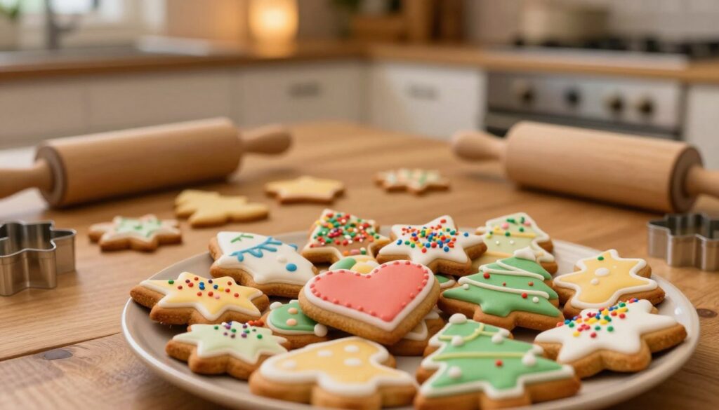 A beautifully arranged scene featuring gingerbread cookies (pierniczki) artfully decorated with colorful royal icing and shimmering sprinkles. In the foreground, a plate overflowing with intricately shaped, frosted cookies in festive designs, such as stars, hearts, and Christmas trees, captures attention. The middle ground presents a cozy wooden table scattered with baking tools: rolling pins, cookie cutters, and a few unfinished cookies waiting to be decorated. In the background, a softly lit kitchen with warm tones evokes a sense of comfort and nostalgia, with faint hints of holiday decorations. The image should be lit with a warm, inviting glow, creating a homely feel, with a slightly shallow depth of field to focus on the cookies while gently blurring the surroundings. A beautifully arranged scene featuring gingerbread cookies (pierniczki) artfully decorated with colorful royal icing and shimmering sprinkles. In the foreground, a plate overflowing with intricately shaped, frosted cookies in festive designs, such as stars, hearts, and Christmas trees, captures attention. The middle ground presents a cozy wooden table scattered with baking tools: rolling pins, cookie cutters, and a few unfinished cookies waiting to be decorated. In the background, a softly lit kitchen with warm tones evokes a sense of comfort and nostalgia, with faint hints of holiday decorations. The image should be lit with a warm, inviting glow, creating a homely feel, with a slightly shallow depth of field to focus on the cookies while gently blurring the surroundings.