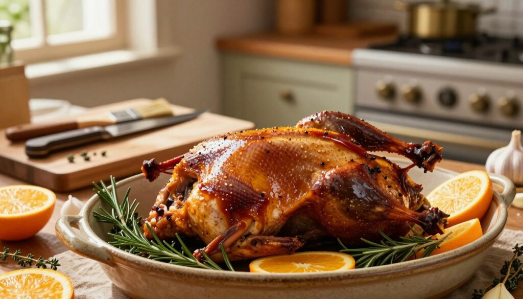 A beautifully arranged scene of marinated duck being prepared for cooking. In the foreground, a glistening whole duck sits in a rustic ceramic dish, surrounded by a variety of herbs like rosemary and thyme, along with slices of oranges and garlic cloves for flavor. The middle ground features a wooden cutting board with chef’s tools, such as a sharp knife and a basting brush, conveying the preparation process. In the background, a warm, inviting kitchen setting is visible, with soft natural lighting pouring in from a window, casting gentle shadows. The atmosphere is cozy and inviting, evoking the rich, savory aromas of the marinating process. The image captures the essence of deep flavors and the culinary artistry involved in preparing duck.
