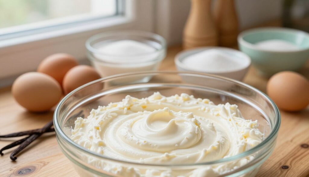A beautifully arranged scene showcasing a creamy white cheese mixture, known as "masa serowa," in a glass mixing bowl. The foreground features a close-up of the smooth, thick consistency of the mixture, with subtle light reflecting off its surface. In the middle ground, an array of essential ingredients like fresh eggs, sugar, and a hint of vanilla pod surrounds the bowl on a rustic wooden countertop. Soft natural lighting floods the scene from a nearby window, creating an inviting and warm atmosphere. In the background, blurred kitchen utensils and a pastel-colored dish suggest a cozy baking environment. The overall mood is serene and homely, emphasizing the delightful preparation of this classic creamy filling. A beautifully arranged scene showcasing a creamy white cheese mixture, known as "masa serowa," in a glass mixing bowl. The foreground features a close-up of the smooth, thick consistency of the mixture, with subtle light reflecting off its surface. In the middle ground, an array of essential ingredients like fresh eggs, sugar, and a hint of vanilla pod surrounds the bowl on a rustic wooden countertop. Soft natural lighting floods the scene from a nearby window, creating an inviting and warm atmosphere. In the background, blurred kitchen utensils and a pastel-colored dish suggest a cozy baking environment. The overall mood is serene and homely, emphasizing the delightful preparation of this classic creamy filling.