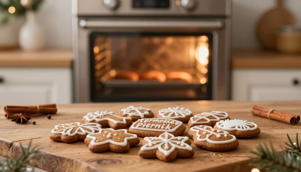 A beautifully arranged scene showcasing a freshly baked "termoobieg piernik," a traditional Polish gingerbread, placed on a rustic wooden table. The foreground features the gingerbread with intricate icing decorations, glistening slightly from a gentle, warm light. In the middle, a kitchen setting reveals an oven with a glass door displaying the cozy glow of the baking process, emphasizing the convection heat at work, creating an inviting atmosphere. The background includes softly blurred elements like festive decorations and a hint of spices, such as cinnamon and cloves, to evoke the holiday spirit. The overall mood is warm and comforting, inviting the viewer to experience the joy of holiday baking. A beautifully arranged scene showcasing a freshly baked "termoobieg piernik," a traditional Polish gingerbread, placed on a rustic wooden table. The foreground features the gingerbread with intricate icing decorations, glistening slightly from a gentle, warm light. In the middle, a kitchen setting reveals an oven with a glass door displaying the cozy glow of the baking process, emphasizing the convection heat at work, creating an inviting atmosphere. The background includes softly blurred elements like festive decorations and a hint of spices, such as cinnamon and cloves, to evoke the holiday spirit. The overall mood is warm and comforting, inviting the viewer to experience the joy of holiday baking.