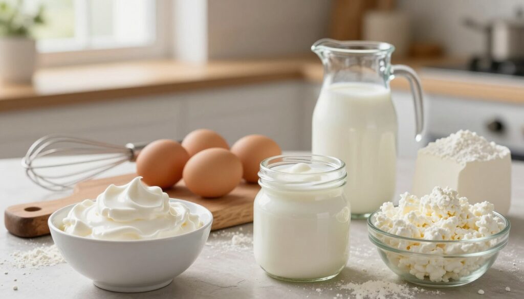A beautifully arranged scene showcasing a variety of dairy products used for leavening baked goods. In the foreground, display a bowl of fluffy whipped cream, next to soft fresh yogurt in a quaint jar, and a small dish of cottage cheese. In the middle ground, have a rustic wooden cutting board with eggs and a measuring cup filled with milk, alongside a whisk and flour scattered around. The background features a softly blurred kitchen setting, with warm light streaming through a window, creating a cozy atmosphere. The overall mood is inviting and homely, emphasizing the delicious potential of using dairy products in baking. Capture the scene with a soft focus lens, highlighting the texture of ingredients and the natural light. A beautifully arranged scene showcasing a variety of dairy products used for leavening baked goods. In the foreground, display a bowl of fluffy whipped cream, next to soft fresh yogurt in a quaint jar, and a small dish of cottage cheese. In the middle ground, have a rustic wooden cutting board with eggs and a measuring cup filled with milk, alongside a whisk and flour scattered around. The background features a softly blurred kitchen setting, with warm light streaming through a window, creating a cozy atmosphere. The overall mood is inviting and homely, emphasizing the delicious potential of using dairy products in baking. Capture the scene with a soft focus lens, highlighting the texture of ingredients and the natural light.