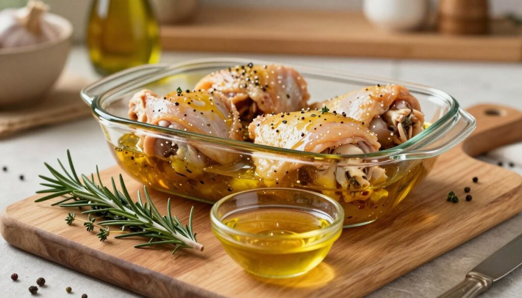 A beautifully arranged scene showcasing marinated chicken thighs, "udka kurczaka marynata," as the focal point. In the foreground, display a wooden cutting board with vibrant herbs like rosemary and thyme scattered alongside a small bowl filled with a golden, glistening marinade made from olive oil, garlic, and spices. In the middle, place the chicken thighs marinating in a clear glass dish, the marinade coating them in rich color. The background should feature a rustic kitchen setting with warm, soft lighting, enhancing the appetizing look. A slight blur on the kitchen elements creates a cozy atmosphere. The overall mood is inviting and homely, perfect for a simple, hearty meal. A beautifully arranged scene showcasing marinated chicken thighs, "udka kurczaka marynata," as the focal point. In the foreground, display a wooden cutting board with vibrant herbs like rosemary and thyme scattered alongside a small bowl filled with a golden, glistening marinade made from olive oil, garlic, and spices. In the middle, place the chicken thighs marinating in a clear glass dish, the marinade coating them in rich color. The background should feature a rustic kitchen setting with warm, soft lighting, enhancing the appetizing look. A slight blur on the kitchen elements creates a cozy atmosphere. The overall mood is inviting and homely, perfect for a simple, hearty meal.