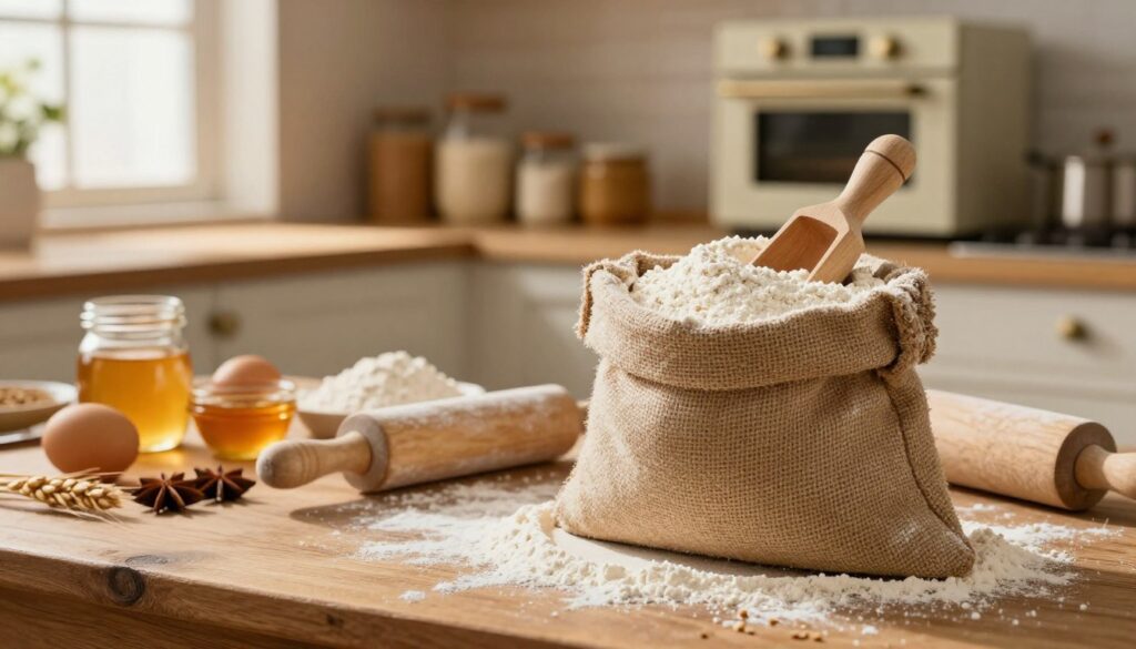 A beautifully arranged scene showcasing the characteristics of wheat flour in traditional baking. In the foreground, a burlap sack of freshly milled wheat flour sits elegantly, with a small wooden scoop partially buried inside it. Beside the sack, there are scattered flour dust and a rolling pin. In the middle, a rustic wooden table is adorned with assorted baking ingredients, such as eggs, honey, and spices, hinting at their use in gingerbread recipes. The background features a softly lit kitchen environment, with a vintage oven and shelves filled with ceramic jars. Warm, golden light filters through a nearby window, casting gentle shadows and creating an inviting, cozy atmosphere perfect for baking. A beautifully arranged scene showcasing the characteristics of wheat flour in traditional baking. In the foreground, a burlap sack of freshly milled wheat flour sits elegantly, with a small wooden scoop partially buried inside it. Beside the sack, there are scattered flour dust and a rolling pin. In the middle, a rustic wooden table is adorned with assorted baking ingredients, such as eggs, honey, and spices, hinting at their use in gingerbread recipes. The background features a softly lit kitchen environment, with a vintage oven and shelves filled with ceramic jars. Warm, golden light filters through a nearby window, casting gentle shadows and creating an inviting, cozy atmosphere perfect for baking.