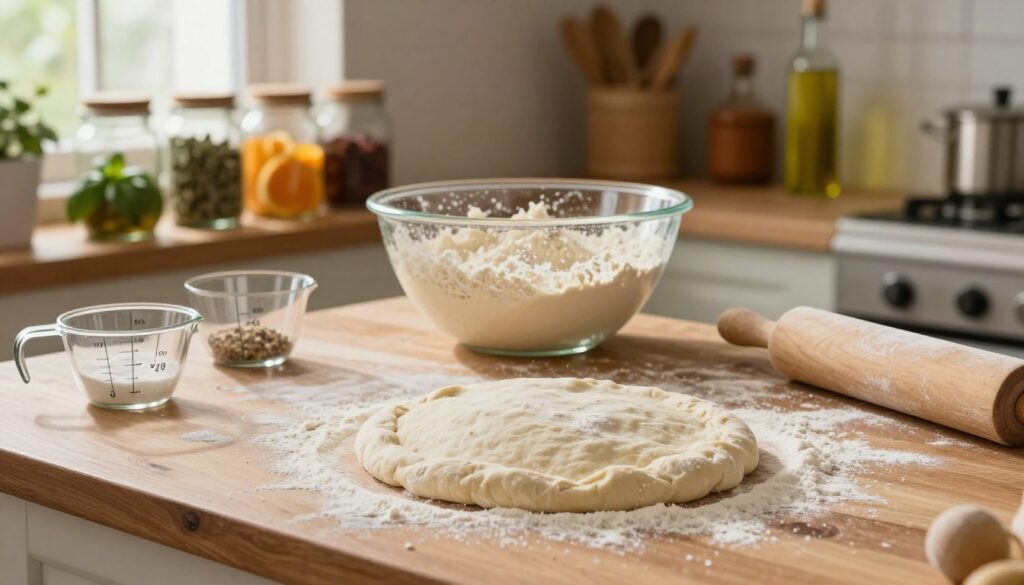 A beautifully arranged scene showcasing the preparation of pizza dough, positioned in a warm, inviting kitchen. In the foreground, a rustic wooden countertop holds a mound of freshly kneaded dough, dusted lightly with flour. Nearby, there are measuring cups and a rolling pin, hinting at the meticulous process of pizza-making. The middle ground features a well-lit mixing bowl filled with a unified mixture of flour, yeast, water, and salt, capturing the mixing action. Behind this, shelves lined with jars of colorful ingredients such as oregano, basil, and olive oil evoke a sense of culinary artistry. Soft, natural light streams in through a nearby window, creating a cozy atmosphere. The scene conveys warmth and the joy of home cooking, inviting the viewer to dive into the art of making perfect pizza dough.
