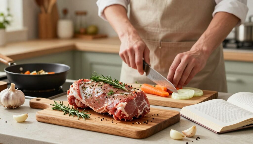 A beautifully arranged scene showcasing the preparation of pork shoulder, with the focus on a succulent piece of meat marinated in herbs and spices. In the foreground, a wooden cutting board holds the seasoned pork shoulder, garnished with fresh rosemary and garlic cloves. In the middle, a chef wearing an apron is skillfully slicing vegetables like carrots and onions, ready to accompany the meat in the oven. Soft, warm lighting enhances the inviting atmosphere of a cozy kitchen. The background features a well-organized kitchen counter, complete with cooking utensils and a cookbook open to a relevant recipe page. The overall mood conveys home-cooked comfort and culinary passion, perfect for illustrating a step-by-step meat preparation process. A beautifully arranged scene showcasing the preparation of pork shoulder, with the focus on a succulent piece of meat marinated in herbs and spices. In the foreground, a wooden cutting board holds the seasoned pork shoulder, garnished with fresh rosemary and garlic cloves. In the middle, a chef wearing an apron is skillfully slicing vegetables like carrots and onions, ready to accompany the meat in the oven. Soft, warm lighting enhances the inviting atmosphere of a cozy kitchen. The background features a well-organized kitchen counter, complete with cooking utensils and a cookbook open to a relevant recipe page. The overall mood conveys home-cooked comfort and culinary passion, perfect for illustrating a step-by-step meat preparation process.