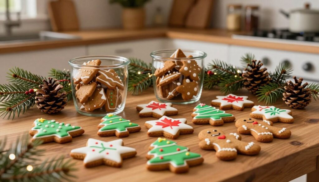 A beautifully arranged scene showcasing traditional Canadian gingerbread cookies, elegantly placed on a wooden table. In the foreground, there are several gingerbread cookies of various shapes – stars, trees, and gingerbread men, all decorated with vibrant royal icing in festive colors. The middle ground features clear glass containers elegantly filled with gingerbread pieces, surrounded by seasonal decorations like pinecones and sprigs of evergreen. Soft, warm lighting casts a cozy glow over the scene, suggesting a festive atmosphere perfect for holiday gatherings. In the background, a softly blurred kitchen setting reveals rustic shelves filled with baking tools and spice jars, enhancing the warm, inviting mood of the image. The angle is slightly above eye-level, giving a comprehensive view of the delightful arrangement without any text or overlays. A beautifully arranged scene showcasing traditional Canadian gingerbread cookies, elegantly placed on a wooden table. In the foreground, there are several gingerbread cookies of various shapes – stars, trees, and gingerbread men, all decorated with vibrant royal icing in festive colors. The middle ground features clear glass containers elegantly filled with gingerbread pieces, surrounded by seasonal decorations like pinecones and sprigs of evergreen. Soft, warm lighting casts a cozy glow over the scene, suggesting a festive atmosphere perfect for holiday gatherings. In the background, a softly blurred kitchen setting reveals rustic shelves filled with baking tools and spice jars, enhancing the warm, inviting mood of the image. The angle is slightly above eye-level, giving a comprehensive view of the delightful arrangement without any text or overlays.