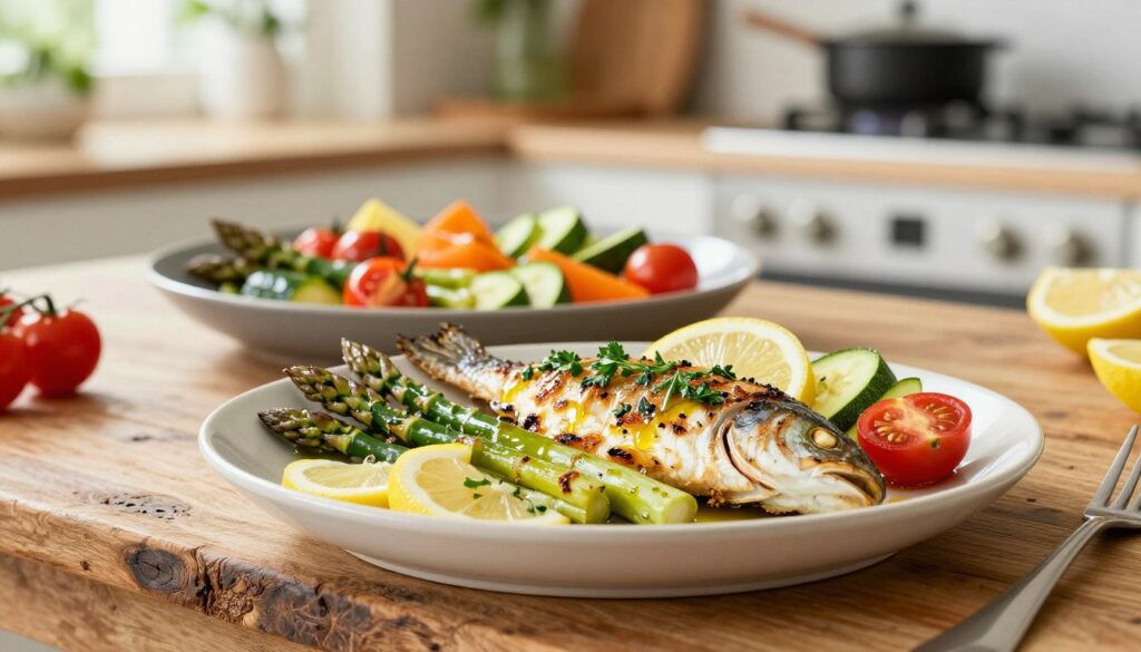 A beautifully arranged seasonal seafood dish featuring grilled fish garnished with fresh herbs, lemon slices, and vibrant, colorful seasonal vegetables like asparagus, cherry tomatoes, and zucchinis. In the foreground, a rustic wooden table enhances the organic feel. The middle ground includes a shallow dish, showcasing the succulent fish and bright vegetables, with olive oil drizzled elegantly over the top. Soft, natural lighting creates a warm glow, highlighting the textures of the food. In the background, a blurred kitchen scene with hints of greenery and cooking utensils adds a cozy, inviting atmosphere. The overall mood is fresh, appetizing, and seasonal, perfect for inspiring lighter, flavorful meals.