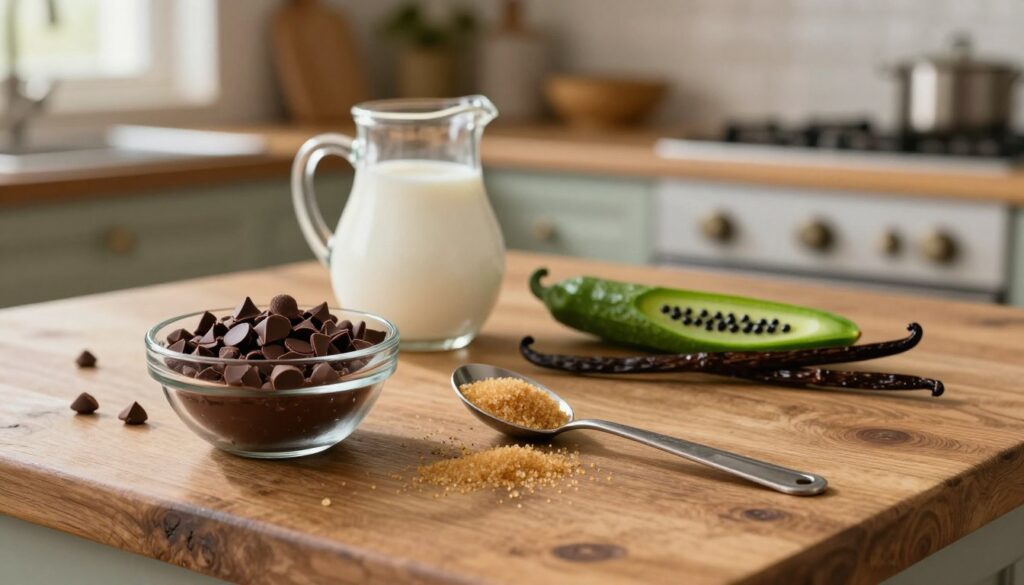 A beautifully arranged selection of ingredients for chocolate glaze (polewa) on a rustic wooden kitchen countertop. In the foreground, show a small glass bowl filled with rich dark chocolate chips, beside it, a measuring spoon with golden granulated sugar, sprinkled lightly around. In the middle ground, include a small jug of fresh cream, partially poured, and a vibrant green vanilla pod cut open, revealing the tiny black seeds. The background features a blurred vintage kitchen setting with a warm, inviting atmosphere, accentuated by soft, natural light coming from a window. The overall mood is cozy and homely, perfect for inviting readers into the art of creating the perfect chocolate glaze. A beautifully arranged selection of ingredients for chocolate glaze (polewa) on a rustic wooden kitchen countertop. In the foreground, show a small glass bowl filled with rich dark chocolate chips, beside it, a measuring spoon with golden granulated sugar, sprinkled lightly around. In the middle ground, include a small jug of fresh cream, partially poured, and a vibrant green vanilla pod cut open, revealing the tiny black seeds. The background features a blurred vintage kitchen setting with a warm, inviting atmosphere, accentuated by soft, natural light coming from a window. The overall mood is cozy and homely, perfect for inviting readers into the art of creating the perfect chocolate glaze.