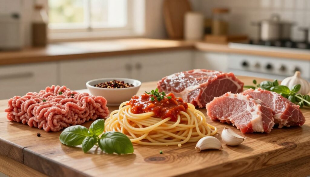 A beautifully arranged selection of meats suitable for spaghetti sauce, placed on a rustic wooden kitchen table. In the foreground, there are cuts of high-quality ground beef and pork, glistening with freshness, alongside sprigs of fresh herbs like basil and oregano. In the middle, a small bowl holds aromatic spices such as crushed red pepper and garlic cloves. The background features a softly blurred kitchen setting with a window allowing in warm, golden afternoon light, creating a cozy atmosphere. The overall mood is inviting and appetizing, ideal for a culinary theme. Use a soft focus lens to give it a warm, homey feel, capturing the essence of preparing a delicious meal. A beautifully arranged selection of meats suitable for spaghetti sauce, placed on a rustic wooden kitchen table. In the foreground, there are cuts of high-quality ground beef and pork, glistening with freshness, alongside sprigs of fresh herbs like basil and oregano. In the middle, a small bowl holds aromatic spices such as crushed red pepper and garlic cloves. The background features a softly blurred kitchen setting with a window allowing in warm, golden afternoon light, creating a cozy atmosphere. The overall mood is inviting and appetizing, ideal for a culinary theme. Use a soft focus lens to give it a warm, homey feel, capturing the essence of preparing a delicious meal.