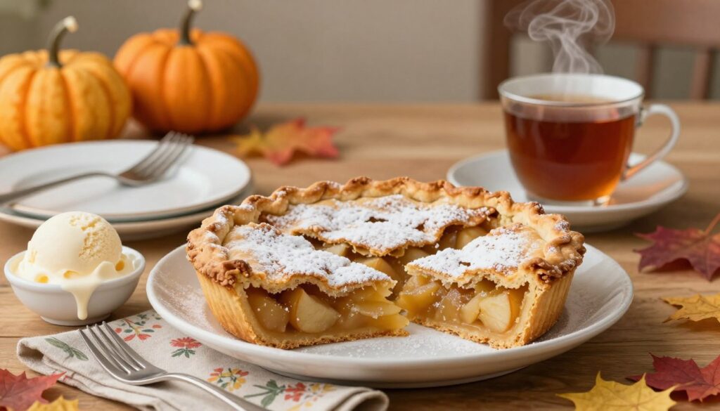 A beautifully arranged serving of apple pie (szarlotka) presented on a wooden table. In the foreground, the pie is sliced into wedges, showcasing its golden crust and tender, apple-filled interior, garnished with a dusting of powdered sugar. Beside it, a small dish of creamy vanilla ice cream melts slightly, invitingly placed on a floral-patterned napkin. In the middle ground, elegant plates are set with delicate forks, and a steaming cup of spiced tea sits ready for enjoyment. The background features softly-lit ambient lighting, with hints of autumn decor such as small pumpkins and colorful leaves. The overall mood is warm and inviting, creating a perfect atmosphere for serving desserts to guests. Use a shallow depth of field to focus on the pie, while softly blurring the background elements. A beautifully arranged serving of apple pie (szarlotka) presented on a wooden table. In the foreground, the pie is sliced into wedges, showcasing its golden crust and tender, apple-filled interior, garnished with a dusting of powdered sugar. Beside it, a small dish of creamy vanilla ice cream melts slightly, invitingly placed on a floral-patterned napkin. In the middle ground, elegant plates are set with delicate forks, and a steaming cup of spiced tea sits ready for enjoyment. The background features softly-lit ambient lighting, with hints of autumn decor such as small pumpkins and colorful leaves. The overall mood is warm and inviting, creating a perfect atmosphere for serving desserts to guests. Use a shallow depth of field to focus on the pie, while softly blurring the background elements.