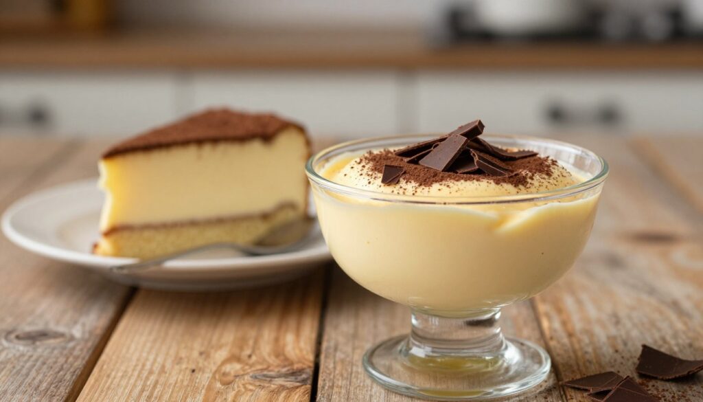 A beautifully arranged serving of kremem budyniowym, showcasing its creamy, smooth texture with a glossy finish. The foreground displays an elegant glass dessert cup filled with the rich custard, topped with a light dusting of cocoa powder and delicate shavings of dark chocolate. In the middle ground, a slice of cake with layers of the same custard is placed, emphasizing the creamy filling. The background features a softly blurred kitchen setting, hinting at a rustic wooden table and warm, diffuse lighting that creates a cozy atmosphere. Use a shallow depth of field to focus on the dessert while allowing the background to softly fade, evoking a sense of comfort and indulgence. The overall mood should feel inviting and delightful, perfect for showcasing the delicacy of the custard cream. A beautifully arranged serving of kremem budyniowym, showcasing its creamy, smooth texture with a glossy finish. The foreground displays an elegant glass dessert cup filled with the rich custard, topped with a light dusting of cocoa powder and delicate shavings of dark chocolate. In the middle ground, a slice of cake with layers of the same custard is placed, emphasizing the creamy filling. The background features a softly blurred kitchen setting, hinting at a rustic wooden table and warm, diffuse lighting that creates a cozy atmosphere. Use a shallow depth of field to focus on the dessert while allowing the background to softly fade, evoking a sense of comfort and indulgence. The overall mood should feel inviting and delightful, perfect for showcasing the delicacy of the custard cream.