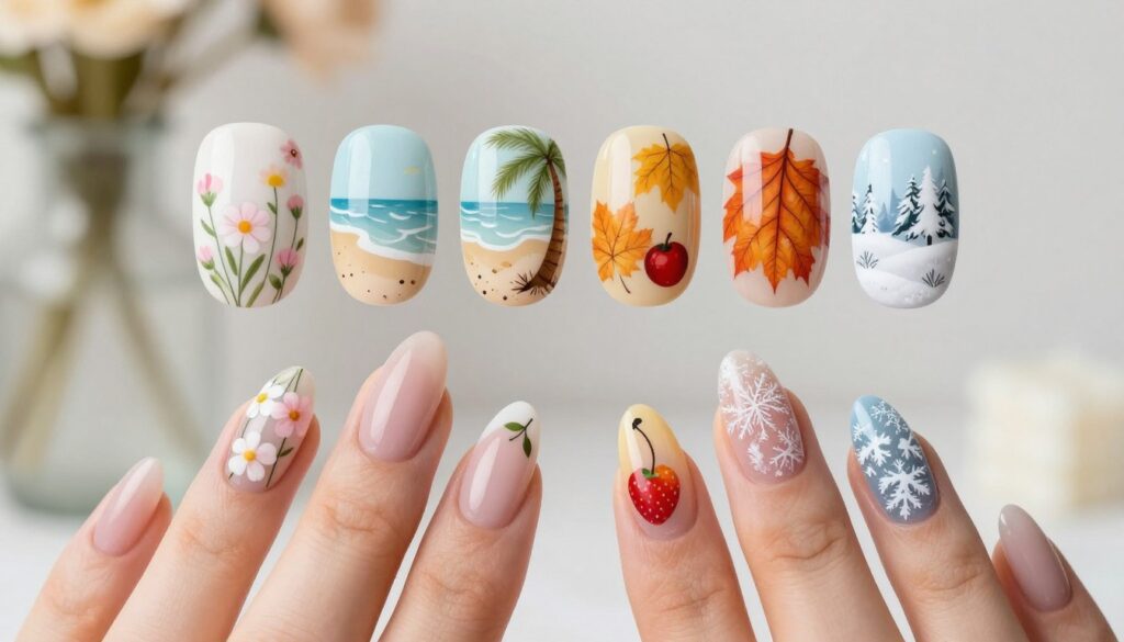 A beautifully arranged set of gel nail designs inspired by the four seasons, showcasing intricate seasonal motifs. In the foreground, display hands with elegantly manicured nails featuring pastel spring flowers, vibrant summer fruits, warm autumn leaves, and frosty winter patterns. Each nail should reflect its respective season with delicate details and smooth finishes. In the middle, incorporate soft, diffused lighting to highlight the glossy textures of the nail designs. The background should be softly blurred, incorporating natural elements like a flower vase for spring, a beach scene for summer, falling leaves for autumn, and a snowy landscape for winter, creating a harmonious blend of seasonal inspiration. The overall mood should be fresh and artistic, inviting viewers to explore elegant and durable manicure ideas. A beautifully arranged set of gel nail designs inspired by the four seasons, showcasing intricate seasonal motifs. In the foreground, display hands with elegantly manicured nails featuring pastel spring flowers, vibrant summer fruits, warm autumn leaves, and frosty winter patterns. Each nail should reflect its respective season with delicate details and smooth finishes. In the middle, incorporate soft, diffused lighting to highlight the glossy textures of the nail designs. The background should be softly blurred, incorporating natural elements like a flower vase for spring, a beach scene for summer, falling leaves for autumn, and a snowy landscape for winter, creating a harmonious blend of seasonal inspiration. The overall mood should be fresh and artistic, inviting viewers to explore elegant and durable manicure ideas.