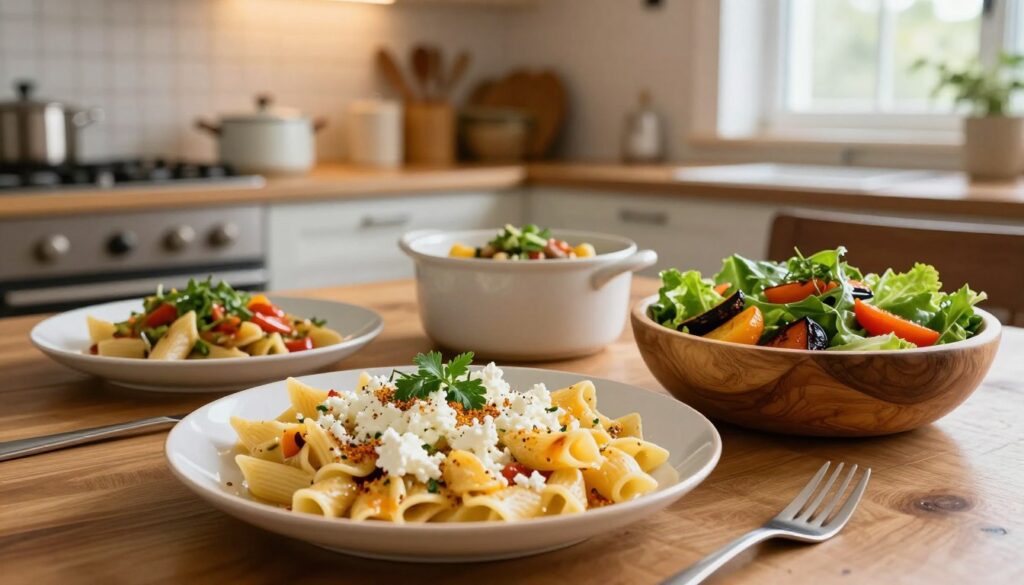 A beautifully arranged table set for a quick meal, featuring a variety of vibrant and colorful dishes inspired by simple yet delicious recipes. In the foreground, a large plate of sweet and savory pasta with cottage cheese, garnished with herbs and a sprinkle of spices. To the right, a fresh green salad in a wooden bowl and a small pot of roasted vegetables, filling the space with color. In the background, a cozy kitchen with warm lighting, showcasing pots and utensils, and a window letting in soft, natural light. The atmosphere is inviting and homey, perfect for a quick, satisfying lunch. Use a wide-angle lens to capture the whole scene with a slightly blurred background for depth. A beautifully arranged table set for a quick meal, featuring a variety of vibrant and colorful dishes inspired by simple yet delicious recipes. In the foreground, a large plate of sweet and savory pasta with cottage cheese, garnished with herbs and a sprinkle of spices. To the right, a fresh green salad in a wooden bowl and a small pot of roasted vegetables, filling the space with color. In the background, a cozy kitchen with warm lighting, showcasing pots and utensils, and a window letting in soft, natural light. The atmosphere is inviting and homey, perfect for a quick, satisfying lunch. Use a wide-angle lens to capture the whole scene with a slightly blurred background for depth.