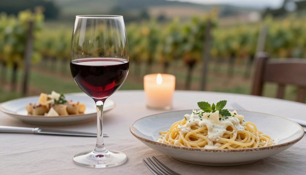 A beautifully arranged table setting featuring a classic Italian pasta dish with creamy sauce, garnished with fresh herbs and cheese. In the foreground, a glass of rich, deep red wine, reflecting light, sits elegantly beside a rustic plate of spaghetti topped with a luscious white cream sauce. In the middle ground, soft candlelight casts a warm glow over the scene, accentuating the textures of the food and glass. The background features a softly blurred vineyard landscape, suggesting a serene outdoor dining experience. The atmosphere is inviting and cozy, ideal for enjoying a meal paired with fine wine. Shot with a shallow depth of field to enhance focus on the wine and pasta, with natural, warm lighting to evoke a romantic dining ambiance.