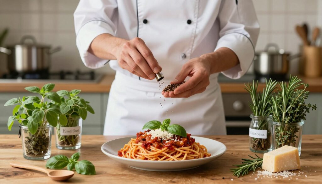 A beautifully arranged tabletop scene showcasing the art of seasoning spaghetti Bolognese, with a focus on avoiding common mistakes. In the foreground, a traditional Italian pasta dish garnished with fresh basil and grated Parmesan cheese sits on a rustic wooden table. Surrounding it are vibrant herbs such as oregano, thyme, and rosemary in stylish glass containers, each labeled. In the middle, a chef in professional attire, carefully measuring spices with a focus on precision, showcasing their passion for cooking. The background features a softly blurred kitchen with warm lighting, highlighting pots and pans, creating a cozy atmosphere. Use a soft focus lens effect to enhance the inviting look, capturing the essence of flavorful cooking without clutter. A beautifully arranged tabletop scene showcasing the art of seasoning spaghetti Bolognese, with a focus on avoiding common mistakes. In the foreground, a traditional Italian pasta dish garnished with fresh basil and grated Parmesan cheese sits on a rustic wooden table. Surrounding it are vibrant herbs such as oregano, thyme, and rosemary in stylish glass containers, each labeled. In the middle, a chef in professional attire, carefully measuring spices with a focus on precision, showcasing their passion for cooking. The background features a softly blurred kitchen with warm lighting, highlighting pots and pans, creating a cozy atmosphere. Use a soft focus lens effect to enhance the inviting look, capturing the essence of flavorful cooking without clutter.