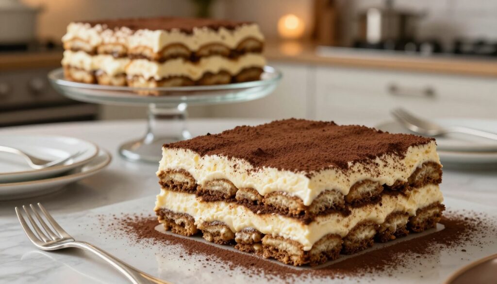 A beautifully arranged tiramisu dessert showcasing its stable layers, positioned prominently in the foreground. The dessert features rich coffee-soaked ladyfingers and creamy mascarpone layers, delicately dusted with cocoa powder. In the middle ground, a sleek glass cake stand enhances the elegance of the presentation, complemented by elegant dessert plates and shiny silver cutlery. The background showcases a soft-focus kitchen setting, with warm, ambient lighting that creates a cozy, inviting atmosphere. The angle is slightly above eye level, allowing for an enticing view of the tiramisu's detailed texture and structure, emphasizing its stability. The overall mood is sophisticated and appetizing, perfect for a refined dining experience.