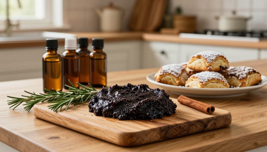 A beautifully arranged traditional kitchen countertop featuring classic flavors associated with poppy seed filling. In the foreground, a rustic wooden board displays a generous portion of dark, rich poppy seed filling, adorned with sprigs of fresh rosemary and cinnamon sticks. The middle ground shows a selection of essential oils in elegant, amber glass bottles, hinting at their aromatic properties, alongside a plate of freshly baked holiday pastries, like makowiec and other festive treats sprinkled with powdered sugar. The background is softly lit, showcasing a traditional kitchen with wooden cabinets and warm, inviting light filtering through a window, creating a cozy, nostalgic atmosphere. The composition emphasizes the warmth and richness of traditional holiday baking. A beautifully arranged traditional kitchen countertop featuring classic flavors associated with poppy seed filling. In the foreground, a rustic wooden board displays a generous portion of dark, rich poppy seed filling, adorned with sprigs of fresh rosemary and cinnamon sticks. The middle ground shows a selection of essential oils in elegant, amber glass bottles, hinting at their aromatic properties, alongside a plate of freshly baked holiday pastries, like makowiec and other festive treats sprinkled with powdered sugar. The background is softly lit, showcasing a traditional kitchen with wooden cabinets and warm, inviting light filtering through a window, creating a cozy, nostalgic atmosphere. The composition emphasizes the warmth and richness of traditional holiday baking.