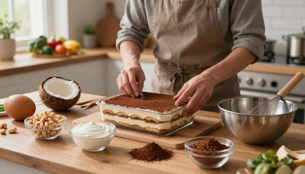 A beautifully arranged vegan tiramisu preparation scene, showcasing a step-by-step instructional layout. In the foreground, there are precise ingredients like cashews, coconut cream, and cocoa powder, artistically placed on a wooden kitchen table with a mixing bowl and whisk. The middle ground features a chef in modest casual clothing, carefully layering the tiramisu in a transparent dish, with a focused yet joyful expression. In the background, soft natural light filters through a window, highlighting an array of fresh ingredients and greenery, creating an inviting kitchen atmosphere. The overall mood is warm and inspiring, suggesting a creative cooking experience. The composition is captured from a slightly elevated angle, ensuring clarity and detail throughout the scene. A beautifully arranged vegan tiramisu preparation scene, showcasing a step-by-step instructional layout. In the foreground, there are precise ingredients like cashews, coconut cream, and cocoa powder, artistically placed on a wooden kitchen table with a mixing bowl and whisk. The middle ground features a chef in modest casual clothing, carefully layering the tiramisu in a transparent dish, with a focused yet joyful expression. In the background, soft natural light filters through a window, highlighting an array of fresh ingredients and greenery, creating an inviting kitchen atmosphere. The overall mood is warm and inspiring, suggesting a creative cooking experience. The composition is captured from a slightly elevated angle, ensuring clarity and detail throughout the scene.