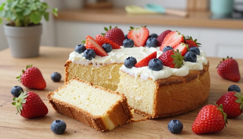 A beautifully arranged yogurt cake placed on a rustic wooden table, surrounded by fresh, colorful fruits like strawberries and blueberries, emphasizing the freshness of the ingredients. The cake has a delicate, golden-brown crust with a moist interior, sliced to reveal its fluffy texture. Soft, natural lighting illuminates the scene, casting gentle shadows for a warm, inviting atmosphere. In the background, a hint of a cozy kitchen setting with pastel-colored utensils and a potted herb adds to the homey charm. The angle is slightly above eye level to capture the height of the cake while maintaining focus on the vibrant fruits. This image conveys the essence of a simple yet delicious yogurt cake, inviting readers to learn about its preparation. A beautifully arranged yogurt cake placed on a rustic wooden table, surrounded by fresh, colorful fruits like strawberries and blueberries, emphasizing the freshness of the ingredients. The cake has a delicate, golden-brown crust with a moist interior, sliced to reveal its fluffy texture. Soft, natural lighting illuminates the scene, casting gentle shadows for a warm, inviting atmosphere. In the background, a hint of a cozy kitchen setting with pastel-colored utensils and a potted herb adds to the homey charm. The angle is slightly above eye level to capture the height of the cake while maintaining focus on the vibrant fruits. This image conveys the essence of a simple yet delicious yogurt cake, inviting readers to learn about its preparation.