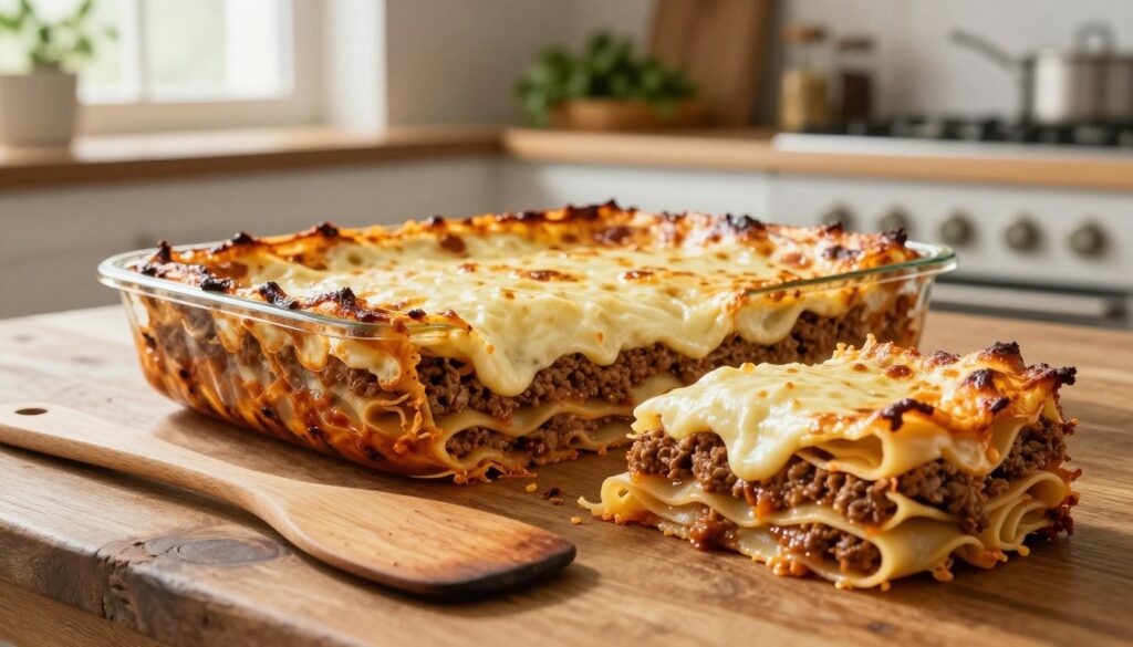 A beautifully baked lasagna, golden brown on top with bubbling cheese, sits on a rustic wooden table. The foreground features a slice cut out, showcasing layers of rich meat sauce, creamy béchamel, and delicate pasta sheets cascading down. In the middle, a wooden spatula rests beside a strategically placed, elegant serving dish, hinting at the dish's generous portions. The background includes a softly lit kitchen, with herbs and spices subtly arranged on shelves, evoking a warm, inviting atmosphere. The scene is illuminated with soft, natural light filtering through a window, emphasizing the lasagna’s texture and inviting a feeling of home-cooked comfort. The angle captures the dish from a slight elevation, enhancing the appeal of the sumptuous layers. A beautifully baked lasagna, golden brown on top with bubbling cheese, sits on a rustic wooden table. The foreground features a slice cut out, showcasing layers of rich meat sauce, creamy béchamel, and delicate pasta sheets cascading down. In the middle, a wooden spatula rests beside a strategically placed, elegant serving dish, hinting at the dish's generous portions. The background includes a softly lit kitchen, with herbs and spices subtly arranged on shelves, evoking a warm, inviting atmosphere. The scene is illuminated with soft, natural light filtering through a window, emphasizing the lasagna’s texture and inviting a feeling of home-cooked comfort. The angle captures the dish from a slight elevation, enhancing the appeal of the sumptuous layers.