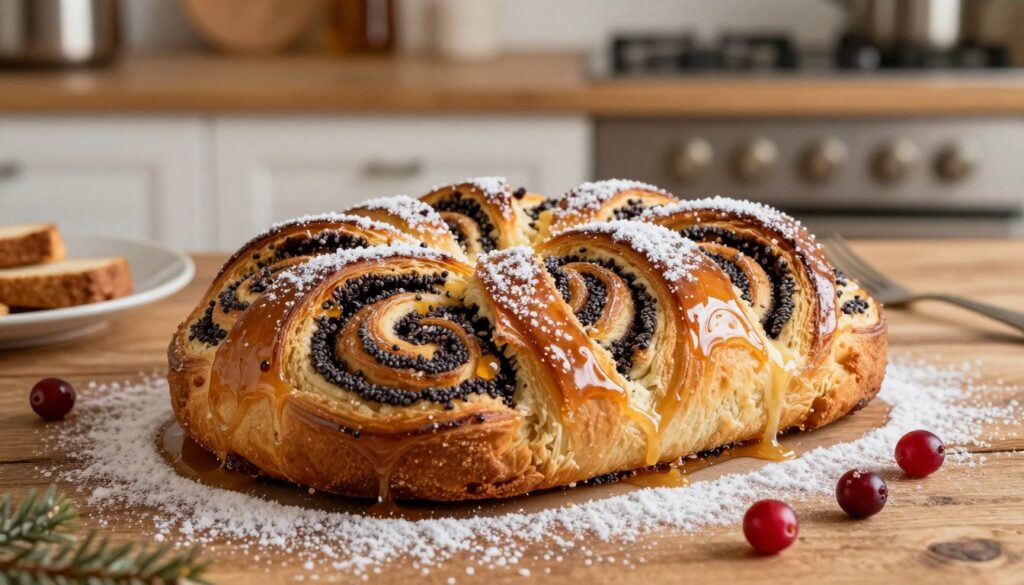 A beautifully baked makowiec zawijany, their golden-brown exterior glistening with a light sheen of honey glaze. The intricate swirling patterns of poppy seed filling are visible through slightly sliced sections, showcasing rich textures and layers. In the foreground, the cake is placed elegantly on a rustic wooden table, adorned with delicate powdered sugar dusting, alongside a few scattered cranberries for a pop of color. The background features a soft-focus kitchen setting with warm, welcoming lighting that enhances the cozy, home-baked atmosphere. The scene captures an inviting and festive mood, perfect for a holiday gathering. The composition should be shot from an overhead angle to highlight the cake’s details and textures, ensuring a professional and appetizing presentation. A beautifully baked makowiec zawijany, their golden-brown exterior glistening with a light sheen of honey glaze. The intricate swirling patterns of poppy seed filling are visible through slightly sliced sections, showcasing rich textures and layers. In the foreground, the cake is placed elegantly on a rustic wooden table, adorned with delicate powdered sugar dusting, alongside a few scattered cranberries for a pop of color. The background features a soft-focus kitchen setting with warm, welcoming lighting that enhances the cozy, home-baked atmosphere. The scene captures an inviting and festive mood, perfect for a holiday gathering. The composition should be shot from an overhead angle to highlight the cake’s details and textures, ensuring a professional and appetizing presentation.