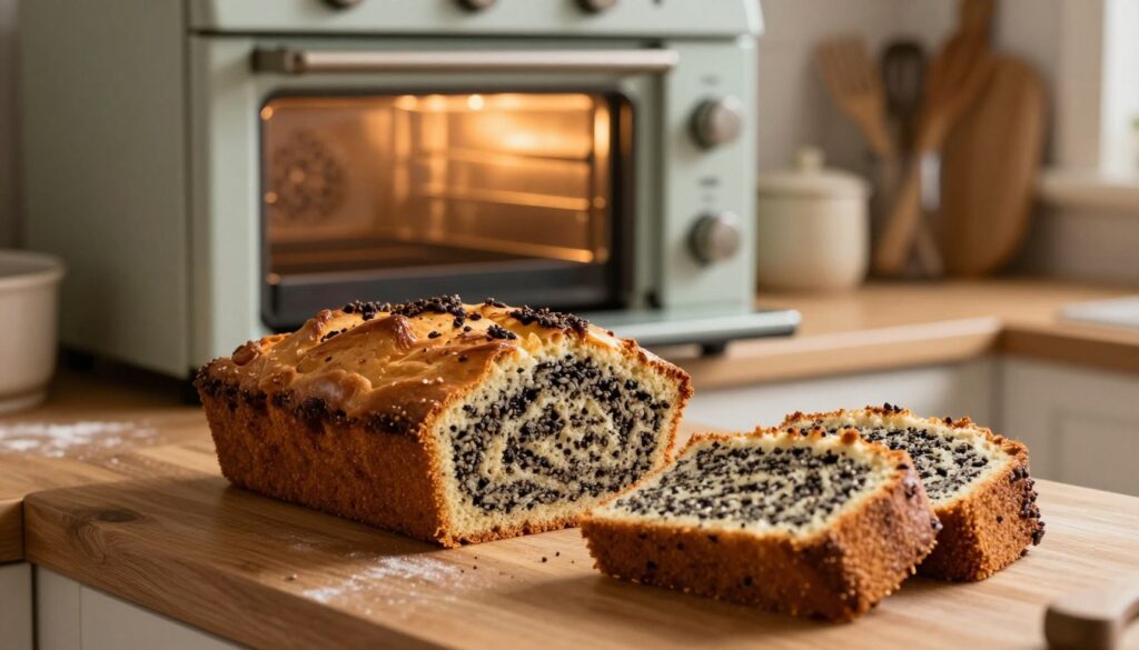 A beautifully baked poppy seed cake (makowiec) resting on a wooden kitchen countertop. In the foreground, the cake showcases a moist, rich texture with slices revealing the dense, seed-studded interior. A delicate sheen on the crust signifies even baking, while the edges are perfectly golden brown. In the middle ground, a vintage oven, slightly ajar, emits a warm glow, illuminating the scene with soft, inviting light. The background features cozy kitchen elements, like rustic utensils and a hint of flour dust. The mood is warm and homely, evoking the comfort of baking. Capture this scene from a slightly elevated angle to emphasize the cake's texture and the inviting atmosphere. Ensure there are no additional distractions or text in the image. A beautifully baked poppy seed cake (makowiec) resting on a wooden kitchen countertop. In the foreground, the cake showcases a moist, rich texture with slices revealing the dense, seed-studded interior. A delicate sheen on the crust signifies even baking, while the edges are perfectly golden brown. In the middle ground, a vintage oven, slightly ajar, emits a warm glow, illuminating the scene with soft, inviting light. The background features cozy kitchen elements, like rustic utensils and a hint of flour dust. The mood is warm and homely, evoking the comfort of baking. Capture this scene from a slightly elevated angle to emphasize the cake's texture and the inviting atmosphere. Ensure there are no additional distractions or text in the image.
