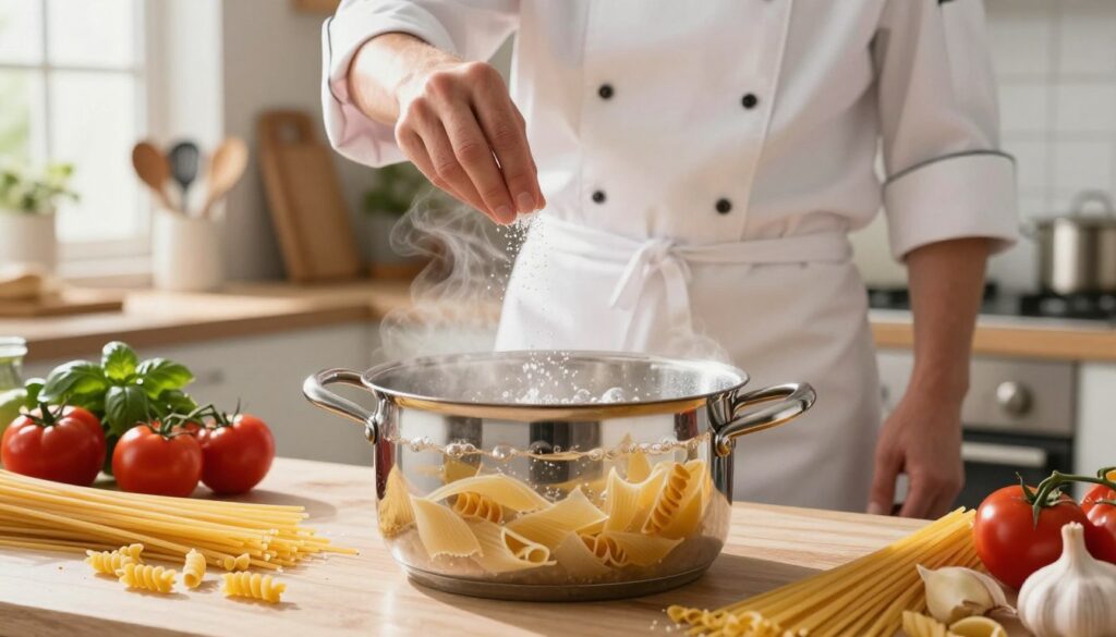 A beautifully composed kitchen scene showcasing various pasta types being cooked. In the foreground, a large pot of bubbling water with different pasta shapes, such as spaghetti, penne, and fusilli, swirling gracefully. Steam rises, creating a warm atmosphere. In the middle, a chef, dressed in a neat white apron and professional attire, is carefully adding salt to the pot, demonstrating the right technique. The background features kitchen utensils and a vibrant array of fresh ingredients like tomatoes, basil, and garlic, enhancing the culinary theme. Soft, natural lighting streams in from a window, casting a welcoming glow over the scene, evoking an inviting, home-cooked feel. A beautifully composed kitchen scene showcasing various pasta types being cooked. In the foreground, a large pot of bubbling water with different pasta shapes, such as spaghetti, penne, and fusilli, swirling gracefully. Steam rises, creating a warm atmosphere. In the middle, a chef, dressed in a neat white apron and professional attire, is carefully adding salt to the pot, demonstrating the right technique. The background features kitchen utensils and a vibrant array of fresh ingredients like tomatoes, basil, and garlic, enhancing the culinary theme. Soft, natural lighting streams in from a window, casting a welcoming glow over the scene, evoking an inviting, home-cooked feel.