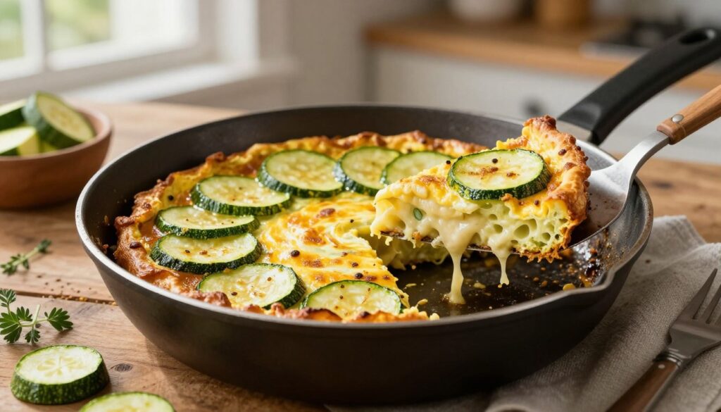A beautifully cooked zucchini frittata sizzling in a well-seasoned skillet, showcasing a golden-brown crust, with vibrant green slices of zucchini nestled within. In the foreground, a spatula gently lifts a slice of the frittata, revealing its fluffy interior and melted cheese. In the middle, the skillet sits on a rustic wooden table, with fresh herbs and a small bowl of extra zucchini pieces nearby, hinting at the ingredients used. The background has a softly blurred kitchen setting, illuminated by warm, natural light filtering through a window, creating a cozy atmosphere. The mood is inviting and appetizing, perfect for a quick breakfast or dinner setting, emphasizing the art of frying the perfect omelette. A beautifully cooked zucchini frittata sizzling in a well-seasoned skillet, showcasing a golden-brown crust, with vibrant green slices of zucchini nestled within. In the foreground, a spatula gently lifts a slice of the frittata, revealing its fluffy interior and melted cheese. In the middle, the skillet sits on a rustic wooden table, with fresh herbs and a small bowl of extra zucchini pieces nearby, hinting at the ingredients used. The background has a softly blurred kitchen setting, illuminated by warm, natural light filtering through a window, creating a cozy atmosphere. The mood is inviting and appetizing, perfect for a quick breakfast or dinner setting, emphasizing the art of frying the perfect omelette.