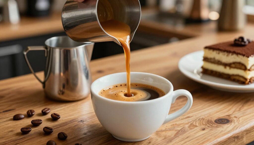 A beautifully crafted espresso shot, glistening with rich crema, in a classic white porcelain cup sitting on a rustic wood countertop. The foreground shows the espresso being poured into the cup, with slow, smooth motion capturing the essence of the brewing process. In the middle, a small silver coffee pot and a stainless steel milk frother hint at the preparation of the espresso, alongside scattered coffee beans for texture. The background features a softly blurred café setting, with warm lighting that creates an inviting atmosphere. The mood is cozy and sophisticated, emphasizing the artistry of making espresso for soaking desserts like tiramisu. The shot is taken from a slightly elevated angle, enhancing the details of the coffee's texture and color.