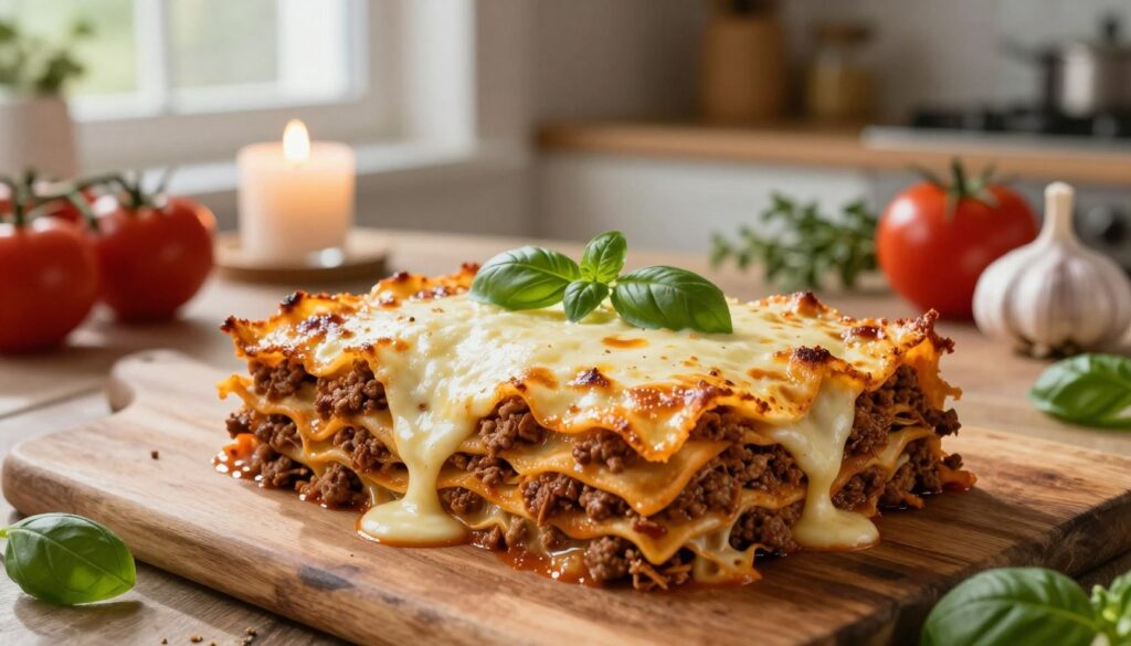 A beautifully crafted lasagne, with layers of rich, ground meat enveloped in a creamy béchamel sauce and topped with melting mozzarella cheese, sits on a rustic wooden table. The lasagne is freshly baked, with golden edges and bubbling sauce, garnished with a sprinkle of fresh basil leaves on top. In the background, a warm kitchen setting features glowing candlelight and an array of ingredients like tomatoes, garlic, and herbs artfully arranged, creating a cozy, inviting atmosphere. Soft, natural light filters through a nearby window, casting gentle shadows that enhance the texture of the lasagne. The image captures the essence of homemade Italian cooking, evoking a sense of comfort and indulgence. A beautifully crafted lasagne, with layers of rich, ground meat enveloped in a creamy béchamel sauce and topped with melting mozzarella cheese, sits on a rustic wooden table. The lasagne is freshly baked, with golden edges and bubbling sauce, garnished with a sprinkle of fresh basil leaves on top. In the background, a warm kitchen setting features glowing candlelight and an array of ingredients like tomatoes, garlic, and herbs artfully arranged, creating a cozy, inviting atmosphere. Soft, natural light filters through a nearby window, casting gentle shadows that enhance the texture of the lasagne. The image captures the essence of homemade Italian cooking, evoking a sense of comfort and indulgence.