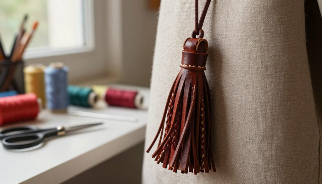 A beautifully crafted leather tassel, featuring intricate braiding and delicate detailing, hangs elegantly against a textured fabric backdrop. The foreground showcases the tassel in sharp focus, allowing the viewer to appreciate the rich, deep hues of the leather and the meticulous craftsmanship. In the middle ground, an assortment of crafting tools like scissors, a needle, and colorful threads are arranged aesthetically, hinting at the creation process. The background features a softly blurred workspace, illuminated by warm, natural light filtering through a window, creating an inviting atmosphere for DIY enthusiasts. The overall mood is creative and inspiring, perfect for someone looking to add a fashionable accent to their accessories. A beautifully crafted leather tassel, featuring intricate braiding and delicate detailing, hangs elegantly against a textured fabric backdrop. The foreground showcases the tassel in sharp focus, allowing the viewer to appreciate the rich, deep hues of the leather and the meticulous craftsmanship. In the middle ground, an assortment of crafting tools like scissors, a needle, and colorful threads are arranged aesthetically, hinting at the creation process. The background features a softly blurred workspace, illuminated by warm, natural light filtering through a window, creating an inviting atmosphere for DIY enthusiasts. The overall mood is creative and inspiring, perfect for someone looking to add a fashionable accent to their accessories.