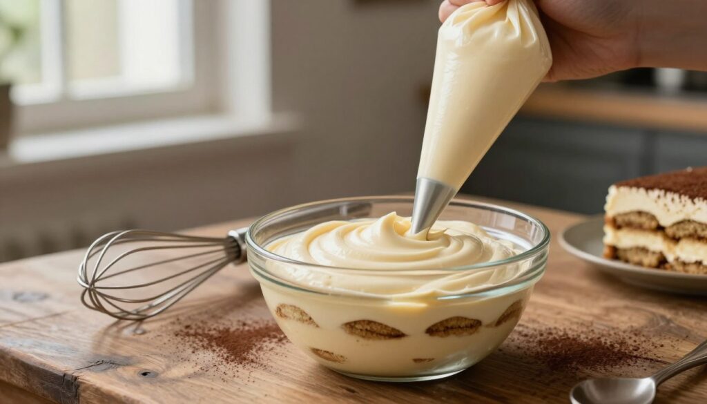 A beautifully crafted tiramisu sits elegantly on a rustic wooden table, showcasing layers of creamy mascarpone and delicate cocoa dusting. In the foreground, the focus is on a smooth, rich mascarpone cream being gently whipped in a glass bowl, with a whisk resting beside it. The middle layer features a piping bag filled with the creamy mixture, ready to be applied, suggesting the importance of correct texture. The background contains blurred kitchen elements, such as vintage utensils and a softly glowing window, allowing natural light to illuminate the scene. The atmosphere is warm and inviting, emphasizing the care and precision required in creating the perfect tiramisu cream. The composition conveys a sense of comfort and culinary passion, drawing the viewer into the world of dessert making.
