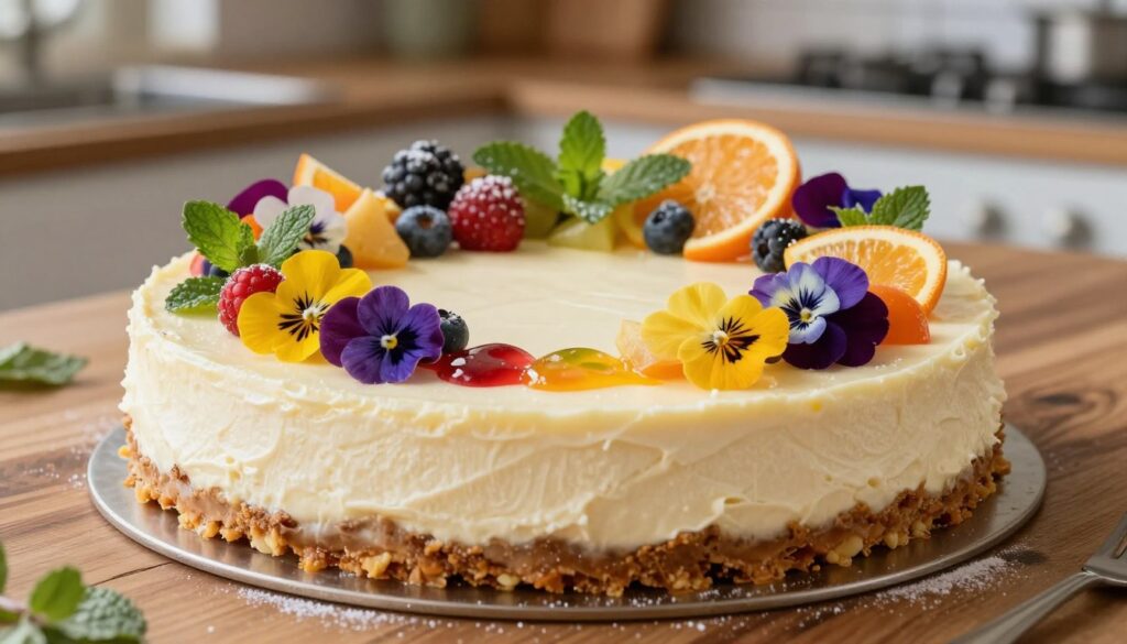 A beautifully decorated cheesecake top, showcasing modern and unconventional garnishes. The foreground features a creamy cheesecake with a smooth surface, elegantly adorned with fresh edible flowers, vibrant seasonal fruits like berries and citrus slices, and a drizzle of colorful fruit coulis. Sprigs of mint and a dusting of powdered sugar add a touch of sophistication. In the middle, the cheesecake sits on a polished wooden surface, illuminated by soft, natural light that highlights its creamy texture and freshness. The background is softly blurred, suggesting a cozy kitchen environment with hints of rustic decor. The overall atmosphere is inviting and artistic, evoking a sense of creativity and delight. A beautifully decorated cheesecake top, showcasing modern and unconventional garnishes. The foreground features a creamy cheesecake with a smooth surface, elegantly adorned with fresh edible flowers, vibrant seasonal fruits like berries and citrus slices, and a drizzle of colorful fruit coulis. Sprigs of mint and a dusting of powdered sugar add a touch of sophistication. In the middle, the cheesecake sits on a polished wooden surface, illuminated by soft, natural light that highlights its creamy texture and freshness. The background is softly blurred, suggesting a cozy kitchen environment with hints of rustic decor. The overall atmosphere is inviting and artistic, evoking a sense of creativity and delight.