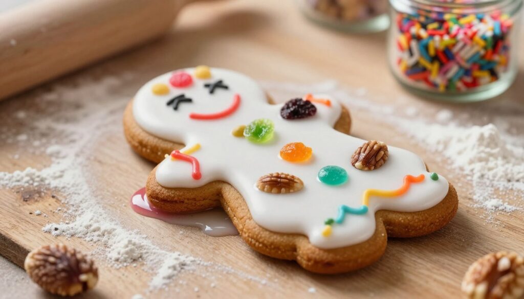 A beautifully decorated gingerbread cookie, featuring a glossy layer of white icing, intricate designs of colorful royal icing, and an assortment of nuts and dried fruits artfully placed on top. In the foreground, the cookie is shown on a clean, rustic wooden surface, with a faint dusting of flour around it, creating a sense of an unfinished baking scene. In the middle, a subtle spill of vibrant icing in different shades flows gently around the cookie, highlighting the process of decorating. The background is softly blurred, with faint outlines of baking tools and jars filled with sprinkles, creating an inviting kitchen atmosphere. The lighting is warm and soft, enhancing the glossy finish of the icing while evoking a joyful, festive mood. A beautifully decorated gingerbread cookie, featuring a glossy layer of white icing, intricate designs of colorful royal icing, and an assortment of nuts and dried fruits artfully placed on top. In the foreground, the cookie is shown on a clean, rustic wooden surface, with a faint dusting of flour around it, creating a sense of an unfinished baking scene. In the middle, a subtle spill of vibrant icing in different shades flows gently around the cookie, highlighting the process of decorating. The background is softly blurred, with faint outlines of baking tools and jars filled with sprinkles, creating an inviting kitchen atmosphere. The lighting is warm and soft, enhancing the glossy finish of the icing while evoking a joyful, festive mood.