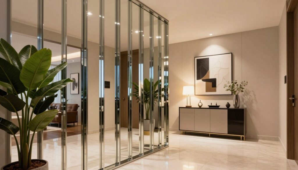 A beautifully designed hallway showcasing an elegant interior featuring lamellae with mirrored surfaces. In the foreground, sleek, modern lamellae reflect light, accentuating the stylish decor elements such as potted plants and contemporary artwork. The middle of the scene displays a stylish console table adorned with small decorative items and a chic lamp. In the background, a large mirror enhances the sense of space, reflecting soft, warm lighting emitted from recessed ceiling lights. The overall atmosphere should be inviting and harmonious, conveying a blend of functionality and aesthetic appeal suitable for a modern entryway. Capture this scene with a wide-angle lens to emphasize depth and dimension, ensuring the focus remains on the thoughtful integration of the lamellae into the interior design. A beautifully designed hallway showcasing an elegant interior featuring lamellae with mirrored surfaces. In the foreground, sleek, modern lamellae reflect light, accentuating the stylish decor elements such as potted plants and contemporary artwork. The middle of the scene displays a stylish console table adorned with small decorative items and a chic lamp. In the background, a large mirror enhances the sense of space, reflecting soft, warm lighting emitted from recessed ceiling lights. The overall atmosphere should be inviting and harmonious, conveying a blend of functionality and aesthetic appeal suitable for a modern entryway. Capture this scene with a wide-angle lens to emphasize depth and dimension, ensuring the focus remains on the thoughtful integration of the lamellae into the interior design.
